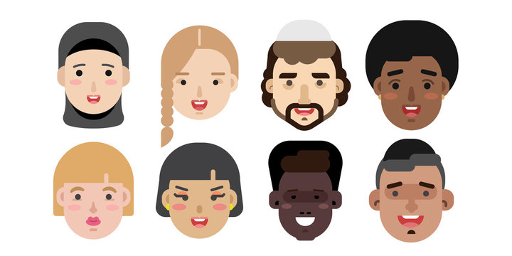 Collection of simple vector illustrations of multiracial and multicultural face avatars. People of different race and nationlities illustrated as characters