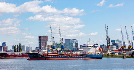 Fototapeta premium Harbor of Rotterdam, Netherlands. Logistics business, cargo loading unloading