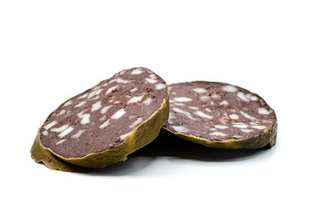 blood sausage slices isolated on white background