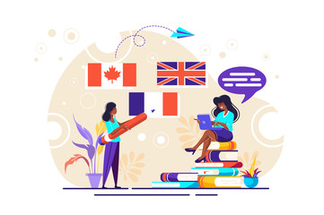 Vector creative illustration of distance learning, online learning, choice of language courses, exam preparation, home schooling