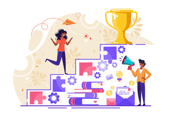 Vector illustration, flat style, businessman running up the stairs to the goal, career planning, career development concept, team work