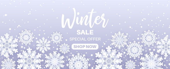 Winter sale offer.Snowfall frame with sale text and 3d paper cut snow flakes on blue background for retail seasonal promotion. Christmas seasonal banner design.New Year vector illustration.