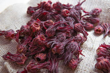 Roselle flower tea on a burlap sack