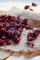 Roselle flower tea on a burlap sack