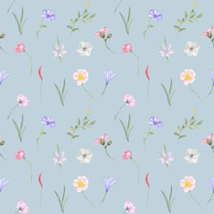  Wildflowers watercolor illustration. Seamless pattern
