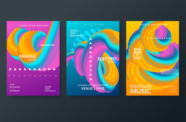 Set of trendy abstract design templates with 3d flow shapes. Dynamic gradient composition. Vector illustration