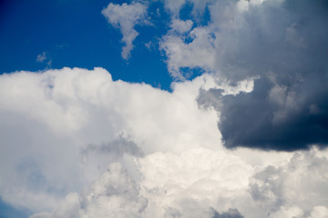 Landscape with blue sky and white cumulus clouds, background or concept