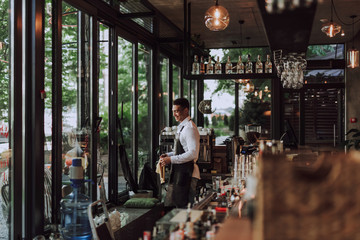 Obraz na płótnie Canvas Handsome barman in apron working in coffee shop