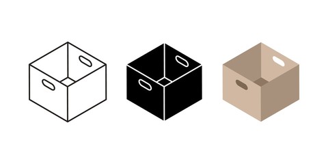 Carton box icons. Flat black and linear cardboard box and delivery service symbols, post parcels and shipping package. Vector illustration empty real pack set