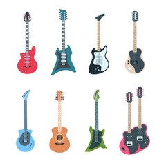 Guitar set. Flat electric and acoustic string music instruments of different design types. Vector guitars isolated set on white background