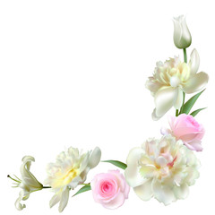 Flowers. Floral background. Lilies. Tulips. Peonies. Petals. Bouquet. Green leaves. White. Isolated. Roses. Border.