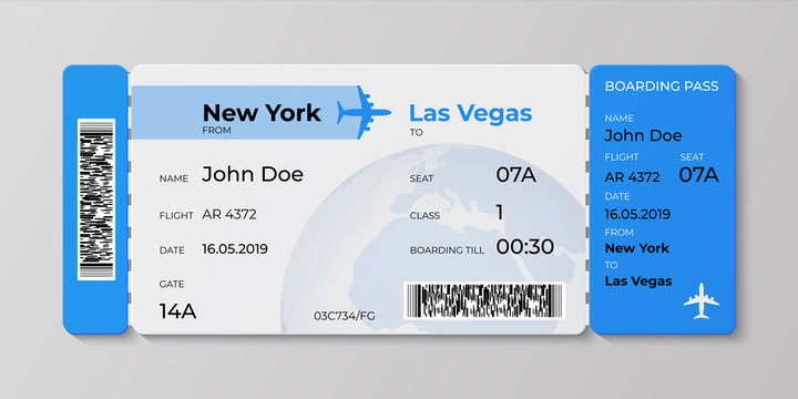 Boarding ticket. Airplane flight pass mockup, plane travel invitation card. Vector realistic concept of ticket illustration for departures airlines business trip