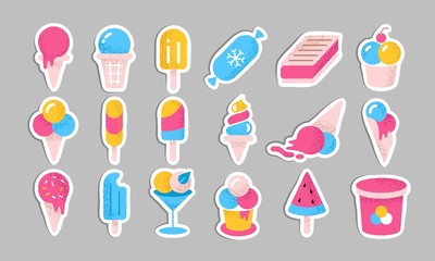 Ice cream stickers. Summer cold dessert set on sticks in cones cups and bucket, cute flat cartoon design elements. Vector big collection sweet cute labels