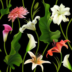 Flowers. Floral background. Seamless pattern. Callas. Lilies. Dahlia. Green leaves. White.