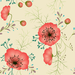 Floral background. Seamless pattern. Wild flowers. Leaves. Buds.