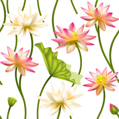 Flowers. Floral background. Seamless pattern. Lotus. Water lily. Petals. Green leaves. 