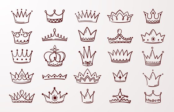 Hand drawn crown set. Sketch queen or king beauty doodle crowns. Vector image vintage ink Jewel tiara isolated icons