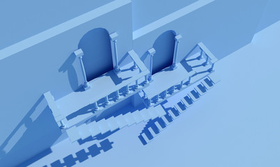  architectural design, mockup in blue colors,arch and stairs concept