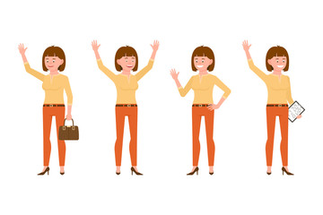 Obraz premium Happy, smiling, pretty brown hair young office woman in orange pants vector illustration. Waving, saying hello, hands up, standing with notes girl cartoon character set on white background