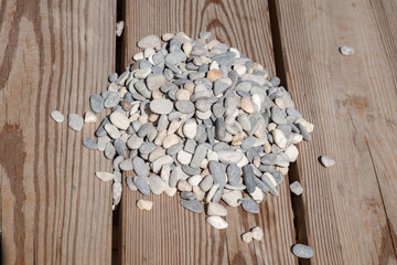 a pile of sea pebbles lie on the bench