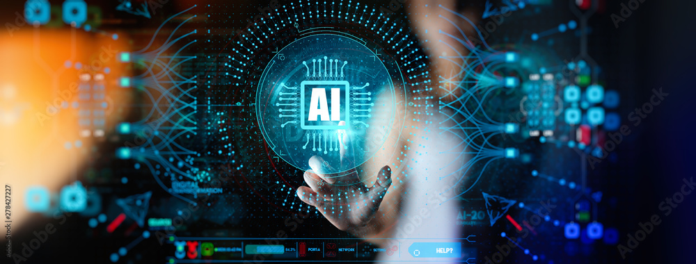 Poster Artificial intelligence (AI) with machine deep learning and data mining and another modern computer technologies UI by hand touching CPU icon.