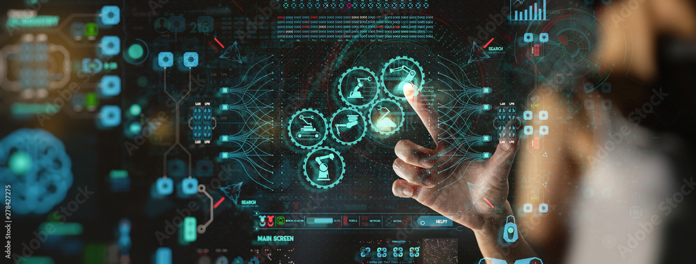 Poster Engineer hand check and control welding robotics automatic arms icon with machine in intelligent factory automotive industrial with UI monitoring system software.