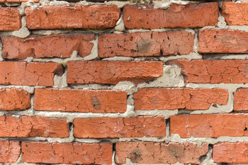 Industrial background,warehouse brick wall with sloppy cement joint. Background of old vintage dirty brick wall close up, texture