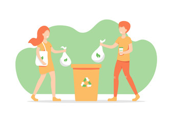Young girl and guy take out trash, sorting waste and use eco bag and cup. Eco happy woman, man characters. Save the planet, zero waste life style. Vector template, flat vector design, white isolated.