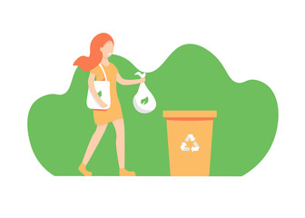 Young girl sorting waste and use eco bag. Eco happy woman character. Save the planet, zero waste life style. Vector template, flat vector design, white isolated.