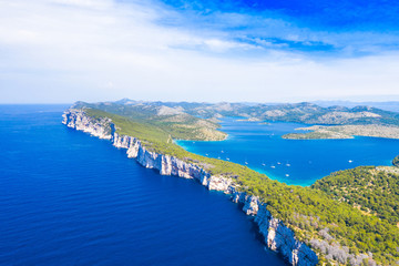 Big cliffs above the sea on the shore of nature park Telascica, island of Dugi Otok, Croatia, spectacular seascape