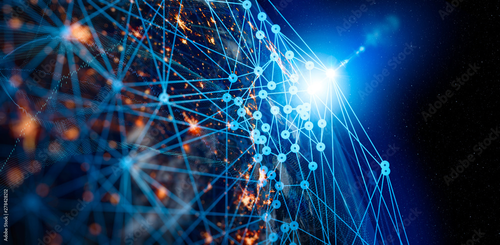 Poster Communication technology for internet business. Global world network and telecommunication on earth cryptocurrency and blockchain and IoT. Elements of this image furnished by NASA