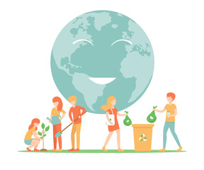 Happy young people plant a tree, girl with eco bag and guy with coffee in reusable glass, throw out rubbish, recycle bin. 