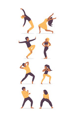Set group of young happy dancing people together male and female dancers isolated on white background. Smiling young men and women enjoying dance party. Flat vector illustration style.