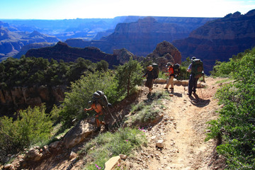 Fototapeta na wymiar Hikers descending the Grandview Trail toward Hance Creek in Grand Canyon National Park, Arizona.