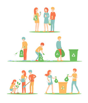 Set a group of young people collect and sort garbage, take out trash, use eco bag and coffee in reusable glass. Volunteers plant trees and care about the frequency of the city. Flat vector design