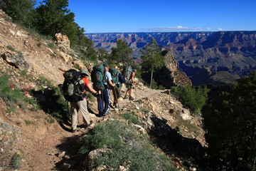 Hikers descending the Grandview Trail toward Hance Creek in Grand Canyon National Park, Arizona.
