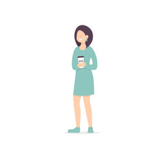 Young girl with coffee in reusable mug. Eco happy woman character. Save the planet, zero waste life style. Vector illustration, flat vector design, white isolated.