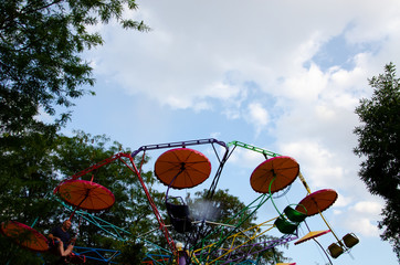 July 2019, Kramatorsk, Ukraine, Jubilee Amusement Park, old people dancing, children