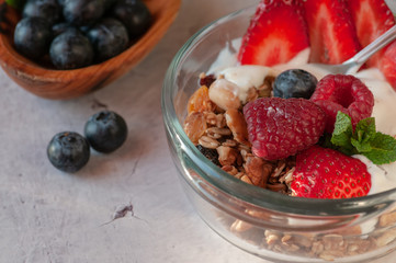 dry breakfast of granola and wild berries. Delivered in a glass plate