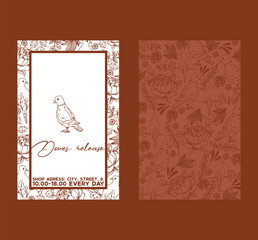 Dove sketch for wedding ceremony celebration party invitation vector template. White pigeon bird two sided illustration with pattern, decorated with flowers, twigs and doves