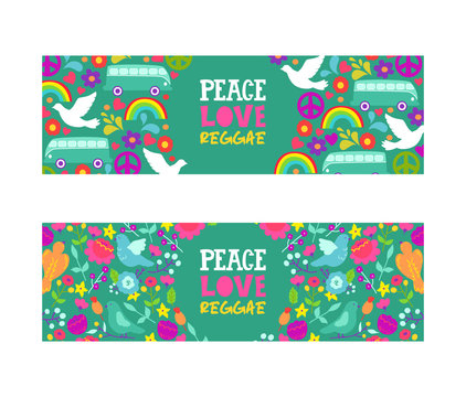 Hippie peace symbol. Peace, love, reggae music vector banner. Colorful background with white doves, rainbow, bus and flowers, symbols of love and pacificsm.