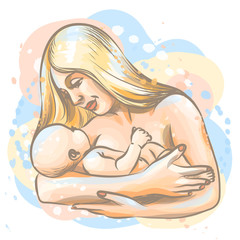 Mother and child. Hand-drawn,color sketch on the theme of motherhood and childhood on a white background  with a splash of watercolor.