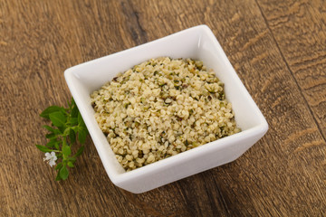 Peeled hemp seeds in the bowl