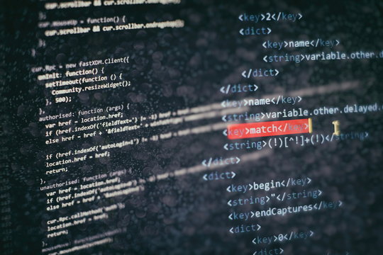 Monitor closeup of function source code. Abstract IT technology background. Software source code.