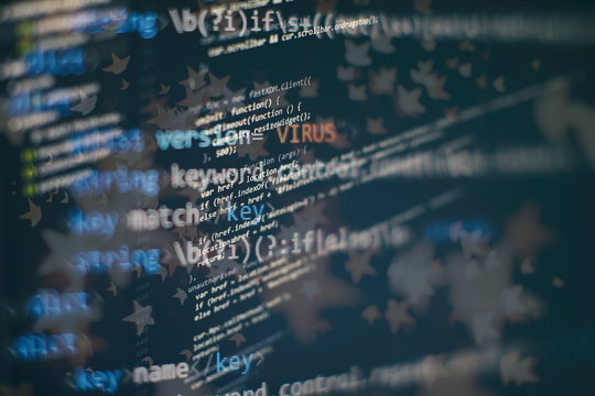 Monitor closeup of function source code. Abstract IT technology background. Software source code.