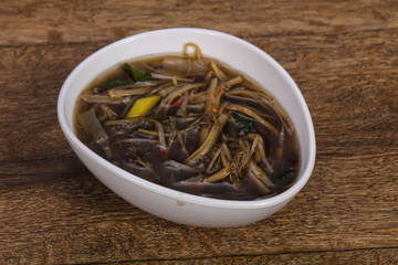 Thai style soup with meat and mushrooms