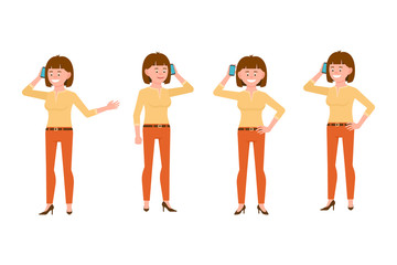 Happy, smiling, brown hair young woman in orange pants vector illustration. Calling, talking on phone, standing girl cartoon character set on white background