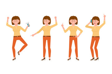 Angry, stressed, desperate, unhappy brown hair young woman in orange pants vector illustration. Shouting, pointing finger, talking on phone girl cartoon character set on white background