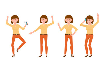 Naklejka premium Angry, stressed, desperate, unhappy brown hair young woman in orange pants vector illustration. Shouting, pointing finger, talking on phone girl cartoon character set on white background