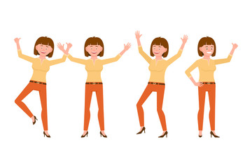 Happy, smiling, pretty brown hair young woman in orange pants vector illustration. Jumping, hands up, having fun girl cartoon character set on white background